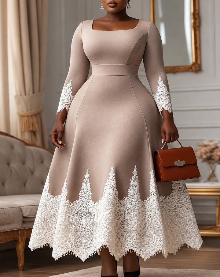 Sophisticated Plus Size Lace Trim Midi Dress
