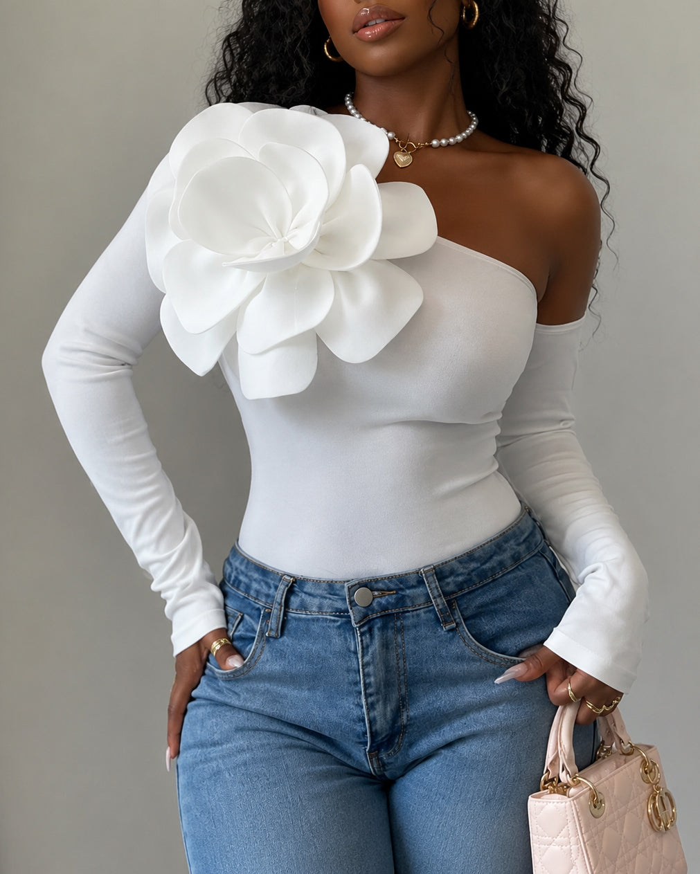 3D Floral Embellished Long-sleeved Off-shoulder Fitted Top