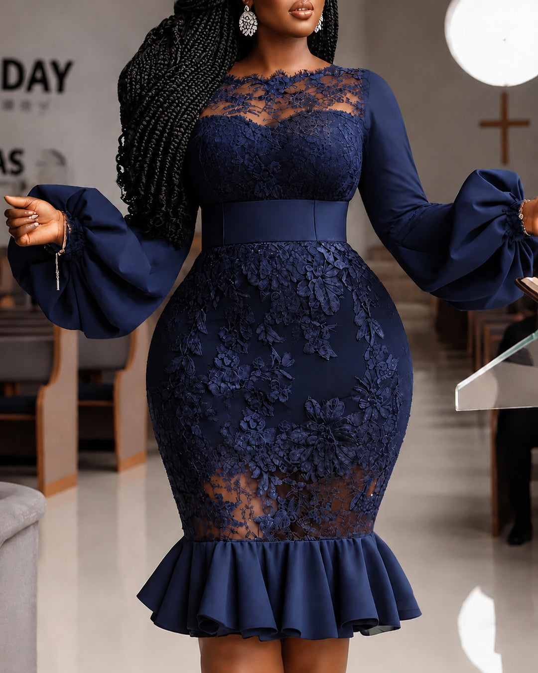 Puff Sleeve Sheer Floral Lace Applique Ruffle Hem Cocktail Party Dress