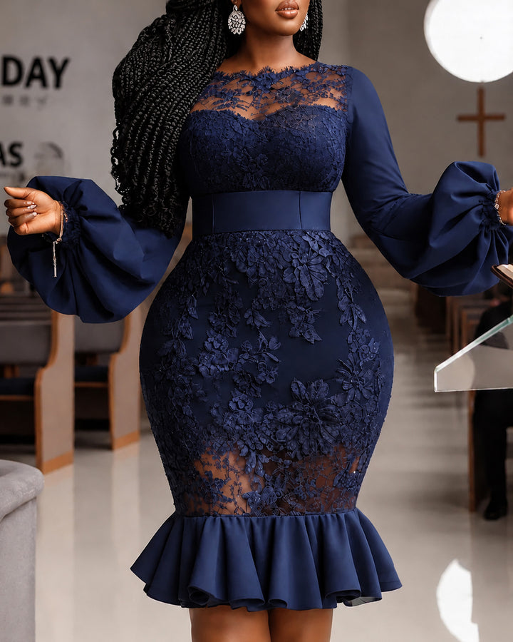 Puff Sleeve Sheer Floral Lace Applique Ruffle Hem Cocktail Party Dress