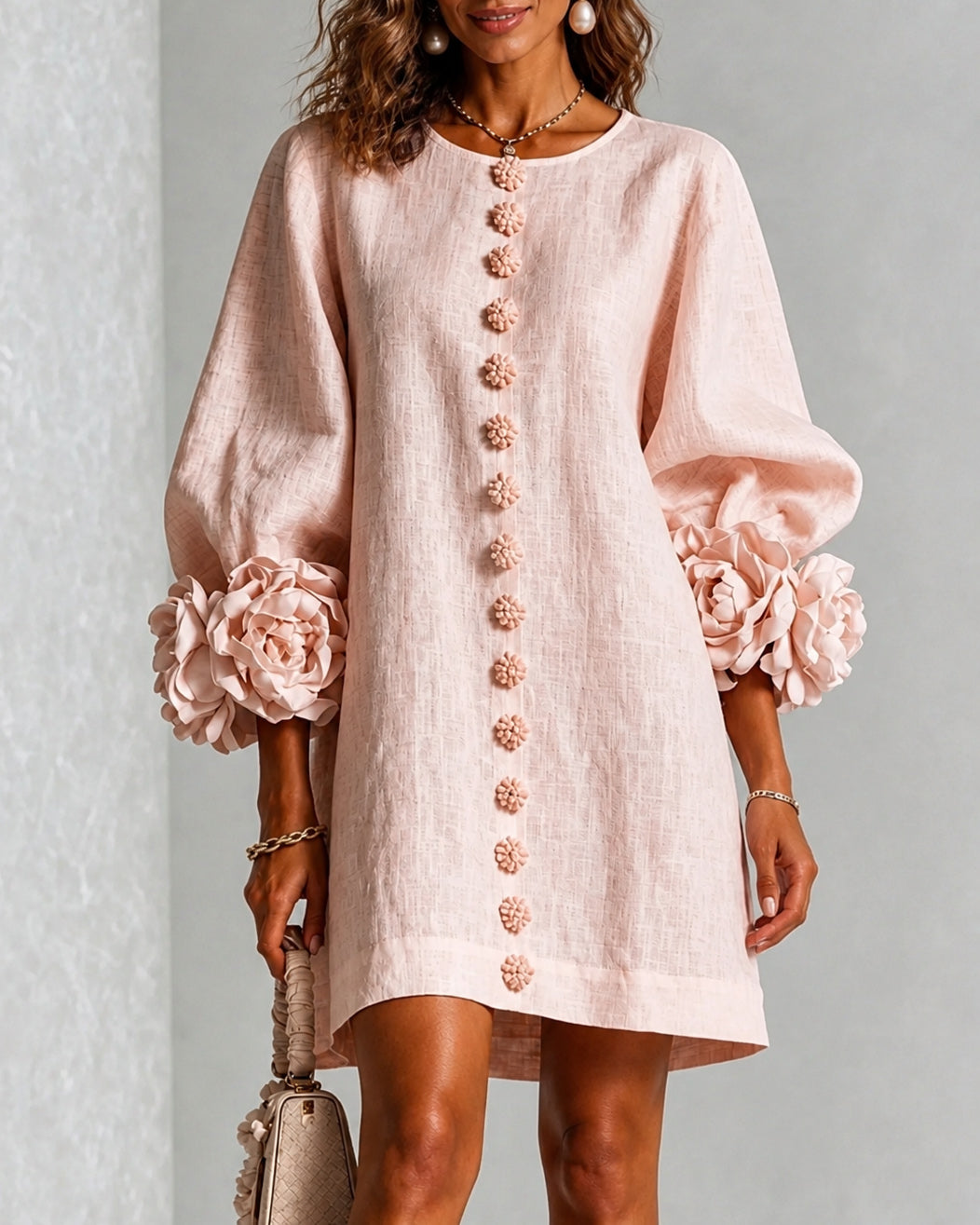 Linen Blend Flowers Button Down Floral Cuffs Half Sleeve Mini Dress