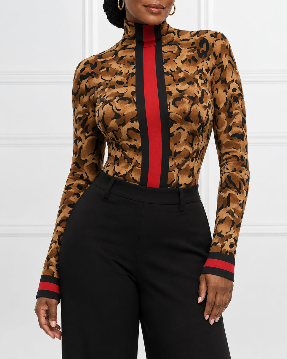 Classic Leopard Print and Stripes Turtleneck Tight Fit Long Sleeve T-Shirt