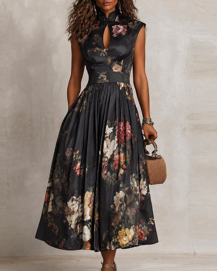 High-neck Button-down Elegant Floral Maxi Dress