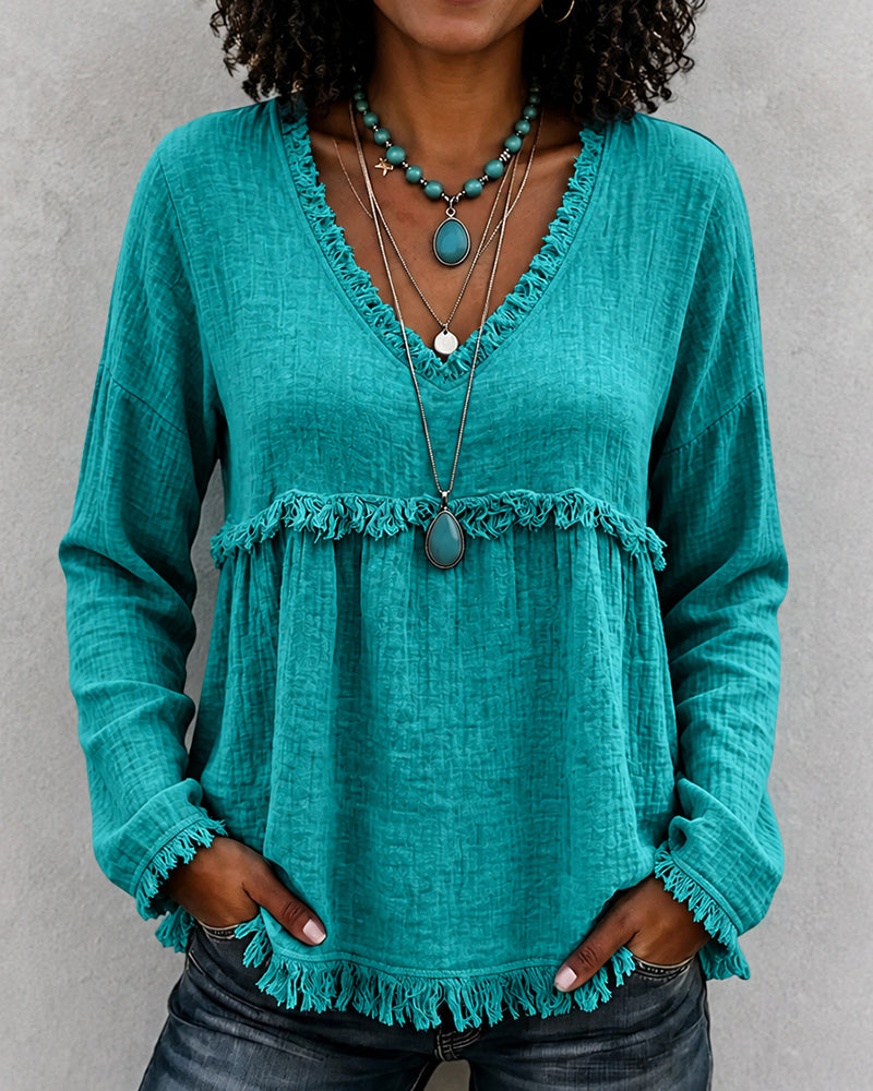 Boho Fringe V‑Neck Long Sleeve Crinkle Blouse