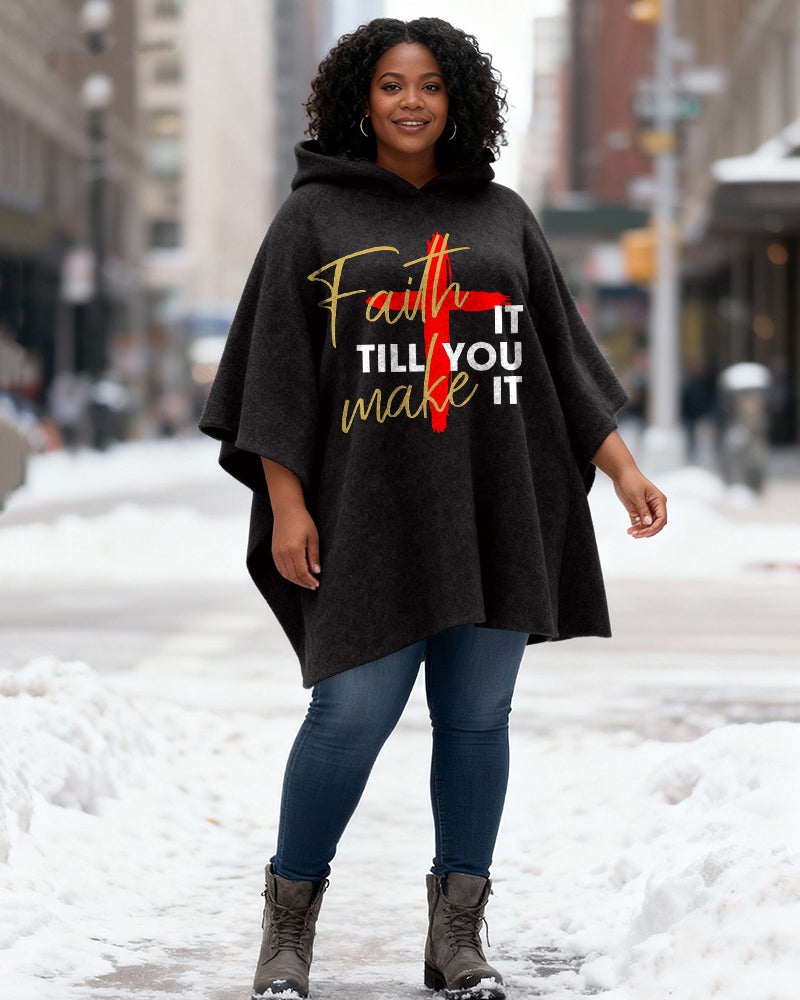 Faith it Till You Make it Print Fleece Hooded Loose Cape