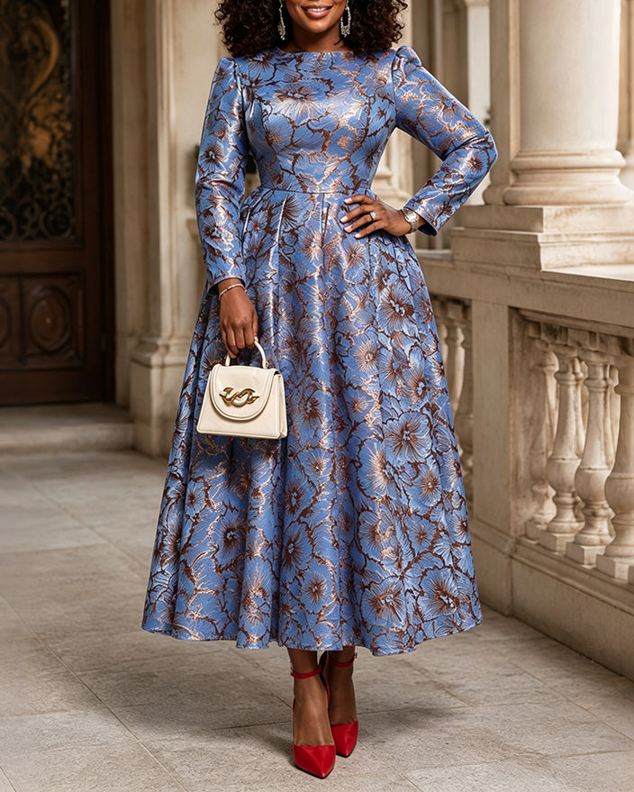Elegant Floral Jacquard Long Sleeve Round Neck A‑Line Maxi Dress