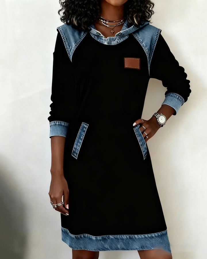 Contrast Color Stitching Fashion Sexy Waist Long Sleeve Dress