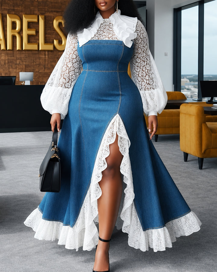 Lace Ruffle Puff Long Sleeve High Slit Flowy A Line Long Dress