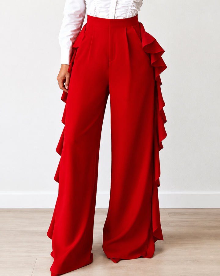 Ruffled High-waisted Wide-leg Pants
