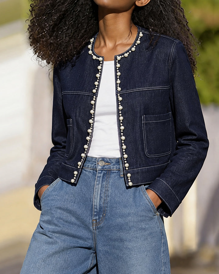 Women's Pearl-embellished Denim Jacket