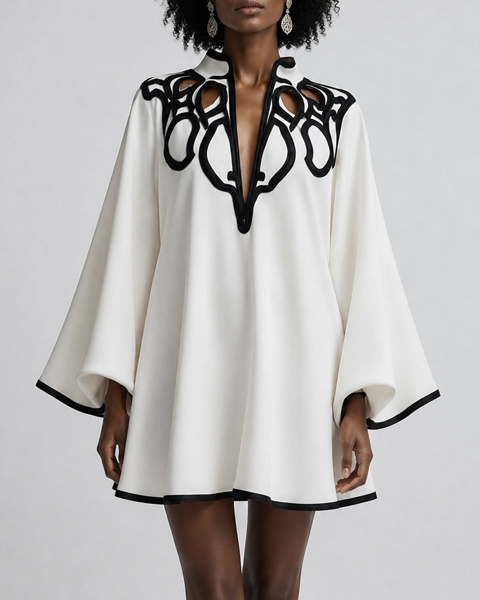 Flared Sleeves Loose Contrast Color Hollow Stand Collar Mini Dresses