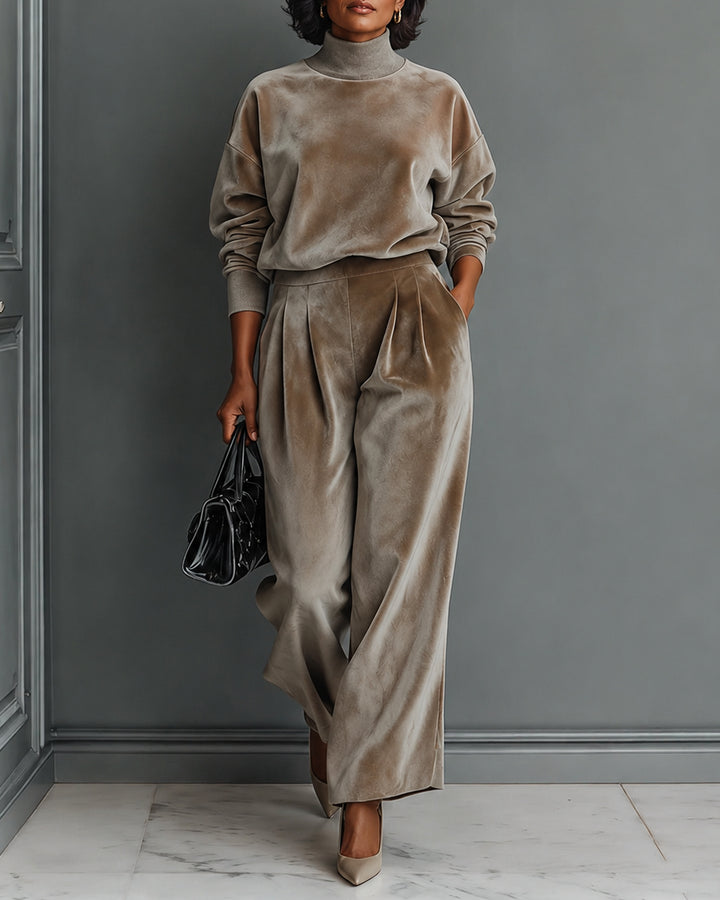 Elegant Turtleneck Velvet Top & Wide Leg Pants Two Piece Set