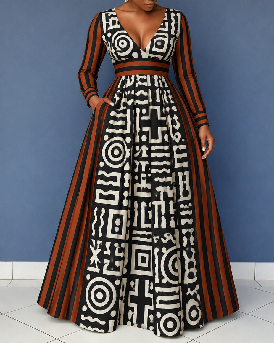 Women's Totem and Stripe Patchwork V Neck Long Sleeve Maxi Dress