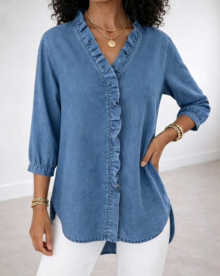 Faux Denim V-Neck Ruffle Trim Blouse