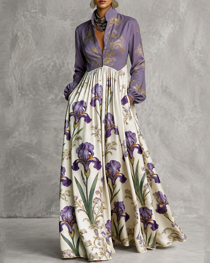 Flower Print Contrast Color Buttoned Pockets Loose Long Sleeves Stand Collar Maxi Dresses