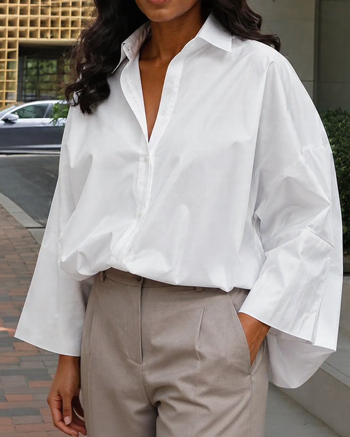 Solid Color Long Sleeve Oversized Collared Blouse