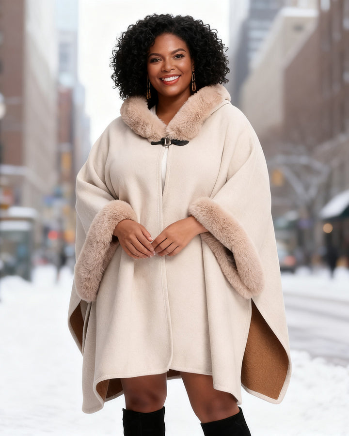 Imitation Rex Rabbit Fur Collar Hooded Shawl Poncho Large Size Woolen Coat