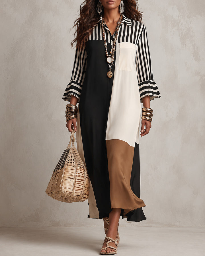 Elegant Striped Patchwork 3/4 Sleeve Shirt Dress