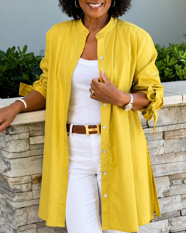 Solid Color Cotton Linen Collared Long Shirt