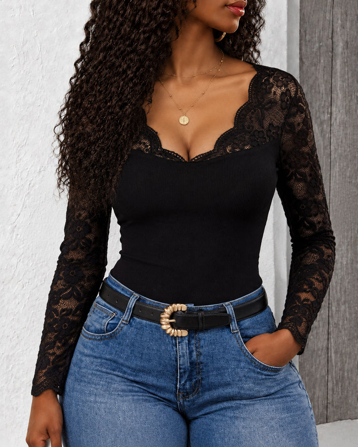 Women's Scalloped V Neck Lace Long Sleeve Top