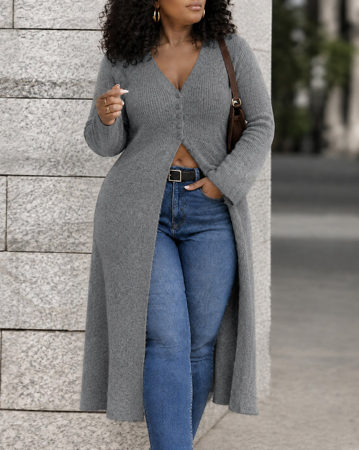 Women V Neck Button Front Long Sleeve Textured Knit Long Duster Cardigan