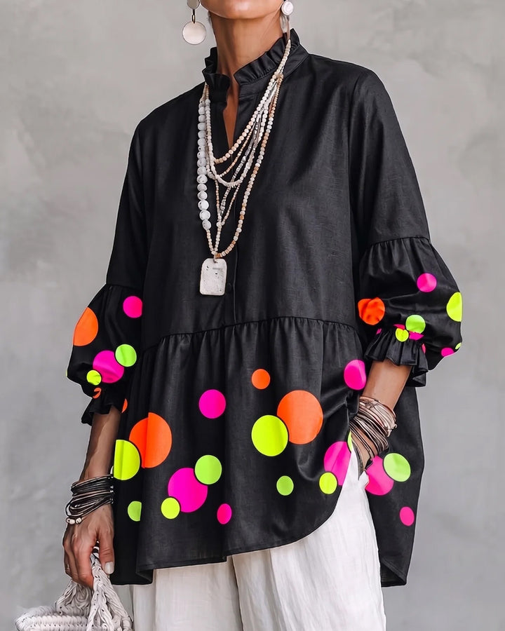 Boho Neon Polka Dot Ruffled Blouse