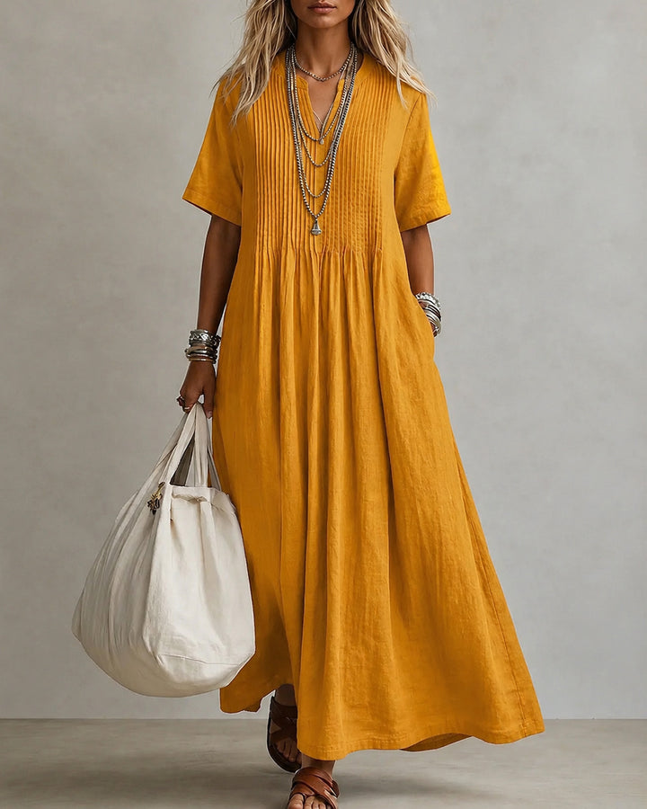 Loose V-neck Short-sleeved Pleated Cotton-linen Dress