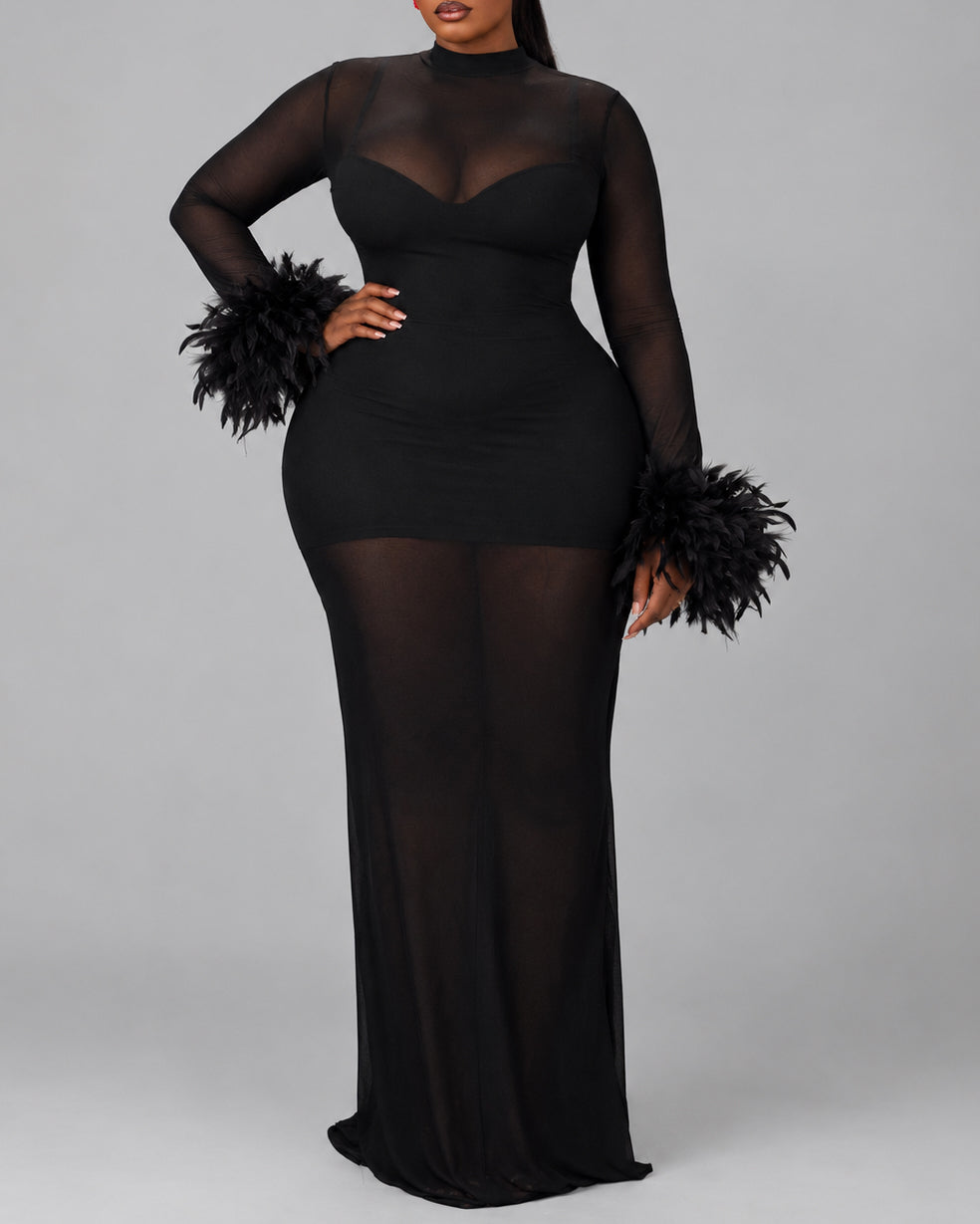Women Sheer Mesh Long Sleeve Feather Cuff Maxi Dress