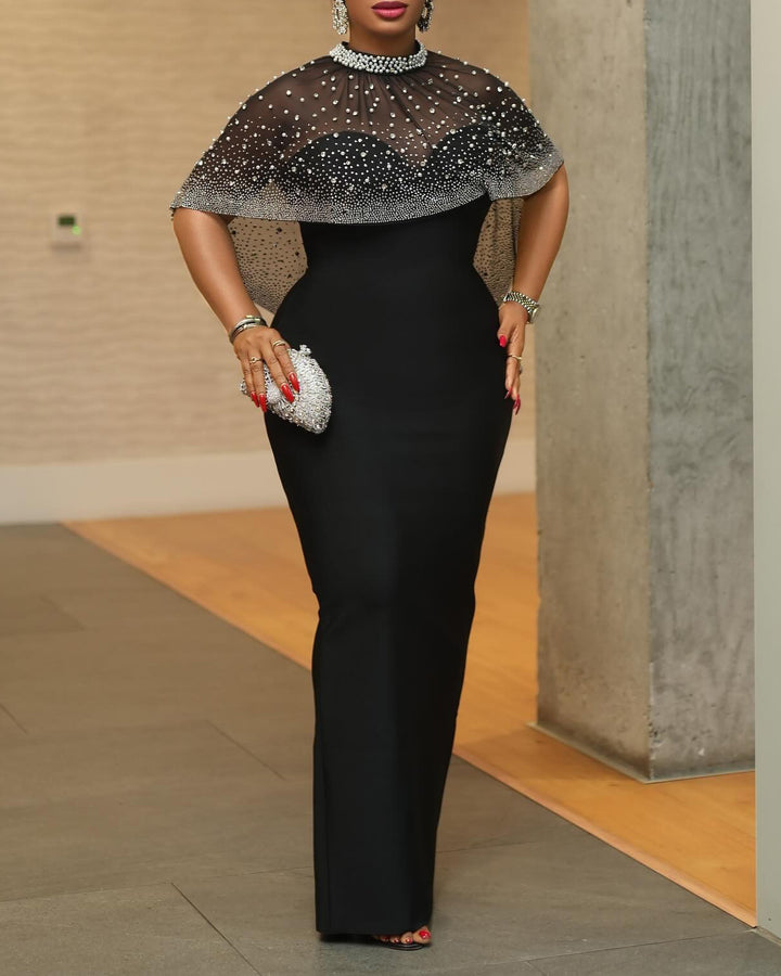 Rhinestone Beaded Sheer Cape Mock Neck Bodycon Formal Party Dress