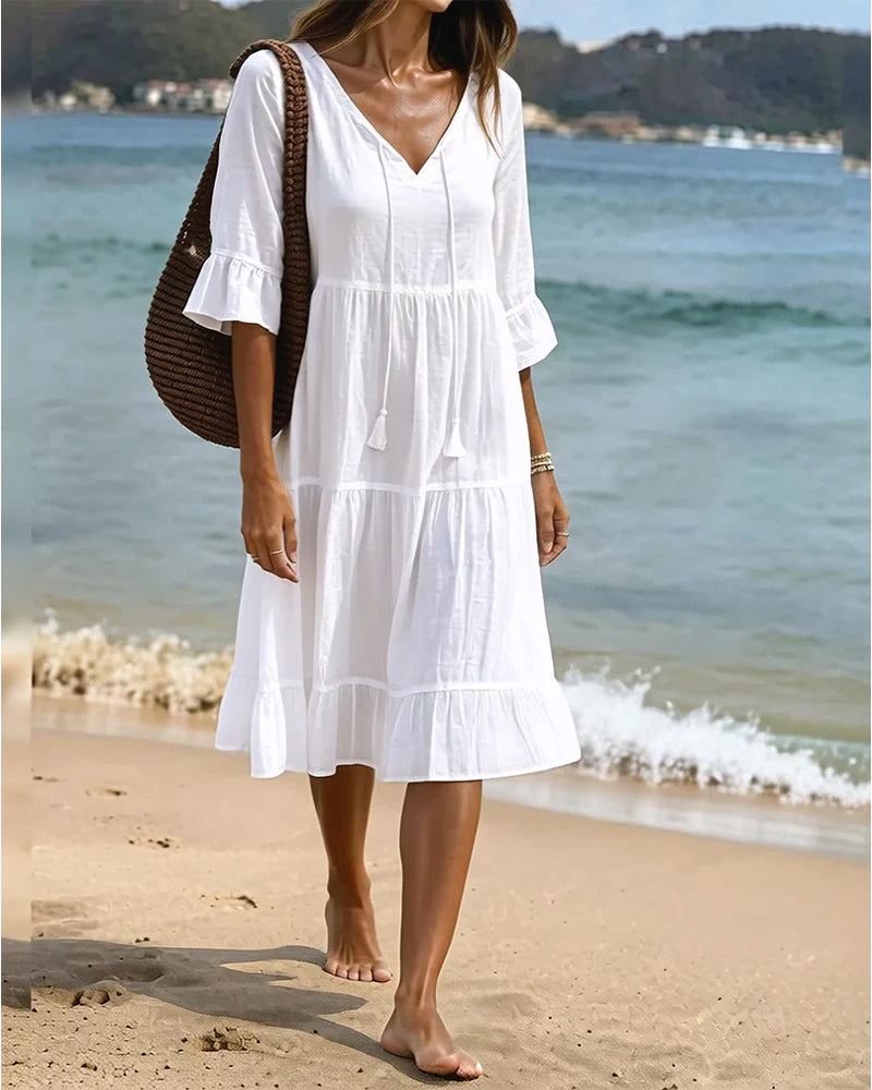 Solid Color Cotton Linen Tiered V-Neck Tie Waist A-Line Dress