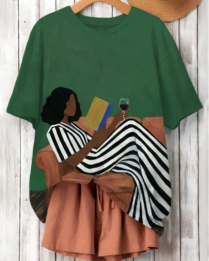 Black Woman Reading Book Art Print Crew Neck Short Sleeve T-Shirt