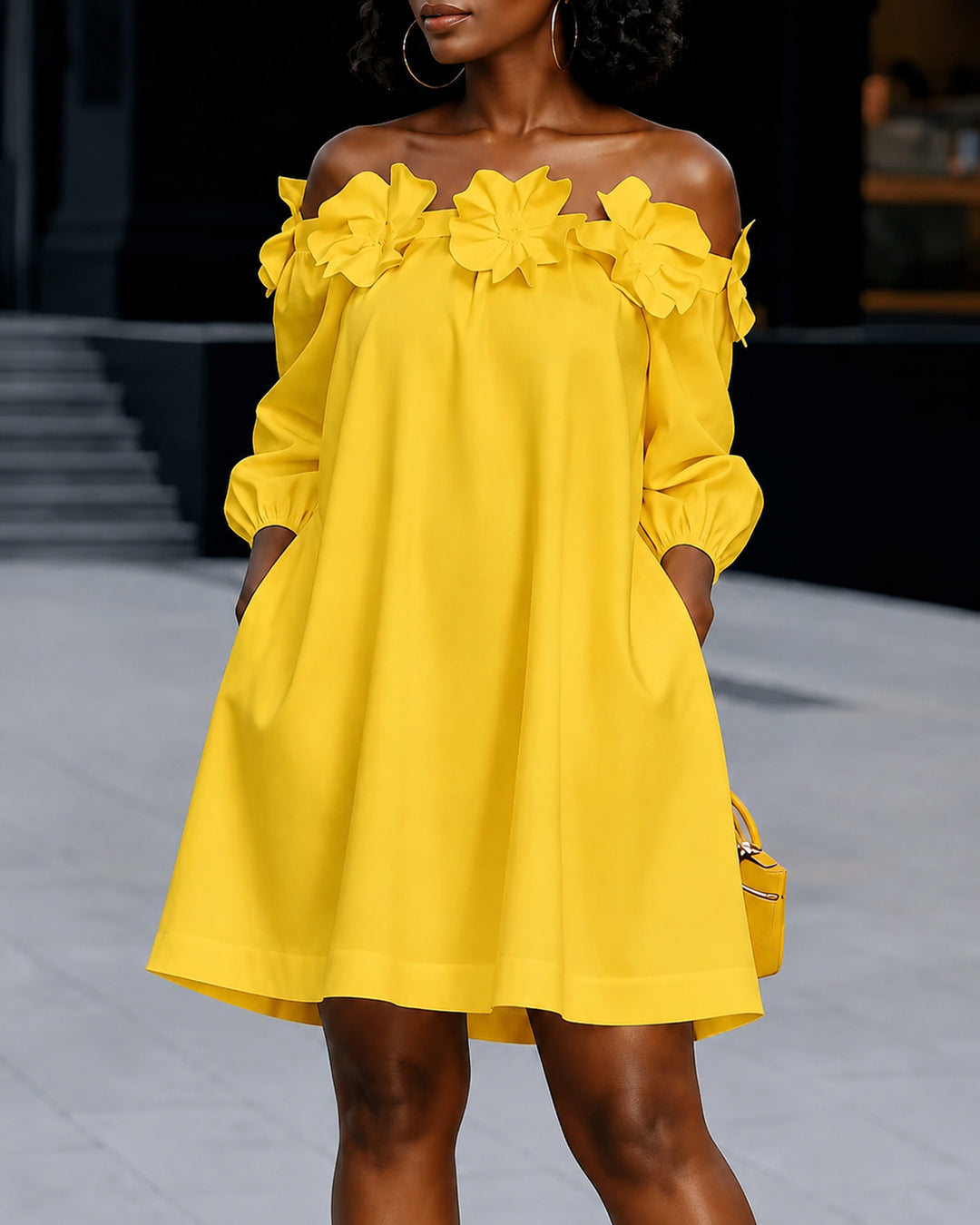 Half Sleeves Loose Pockets Solid Color Flower Off-The-Shoulder Mini Dresses