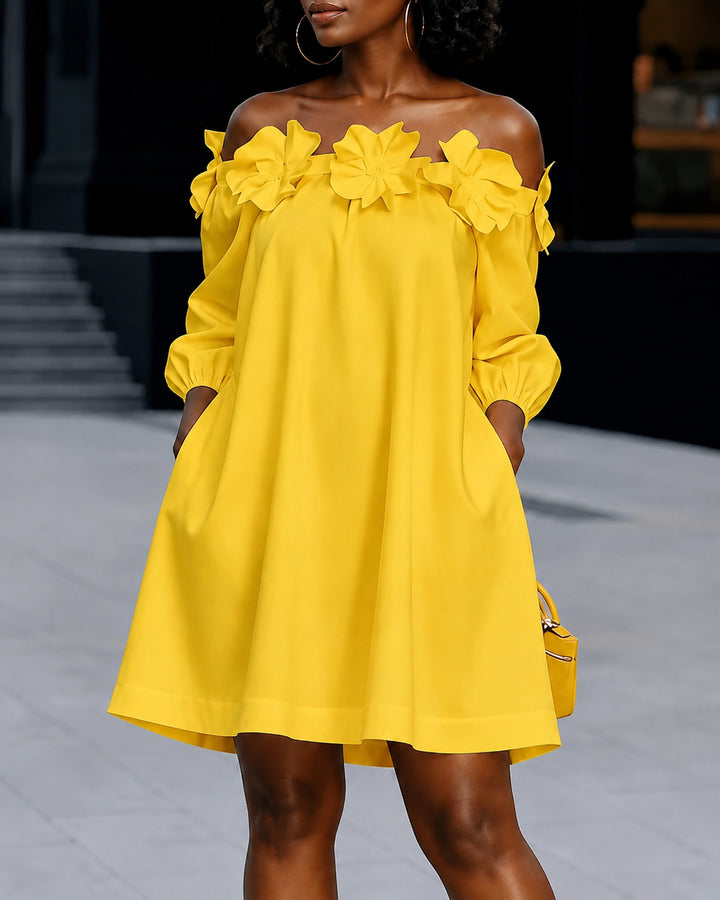 Half Sleeves Loose Pockets Solid Color Flower Off-The-Shoulder Mini Dresses