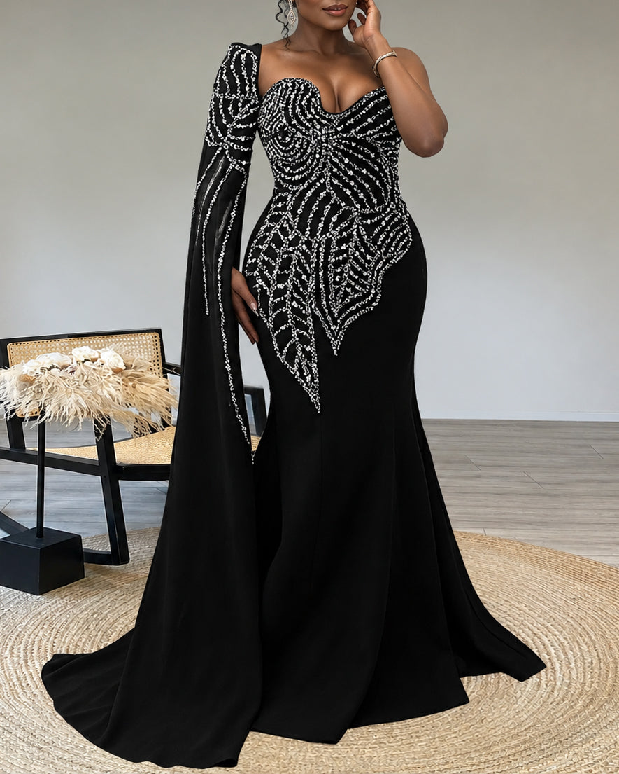 Women's Black Rhinestone Beaded Formal Mermaid Evening Gown