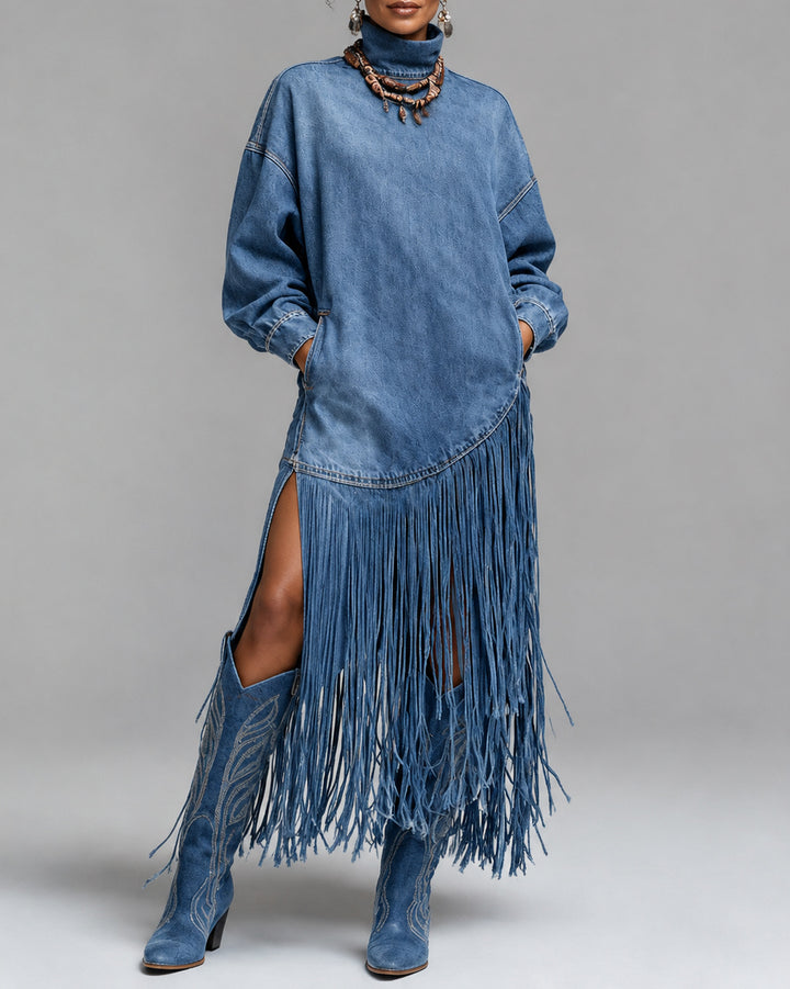 Women's Western Cowgirl Denim Fringe Maxi Dress