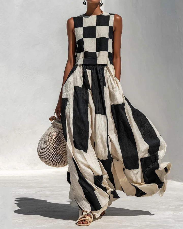 Fun Plaid Color Block Sleeveless High Waist Flared Maxi Dress