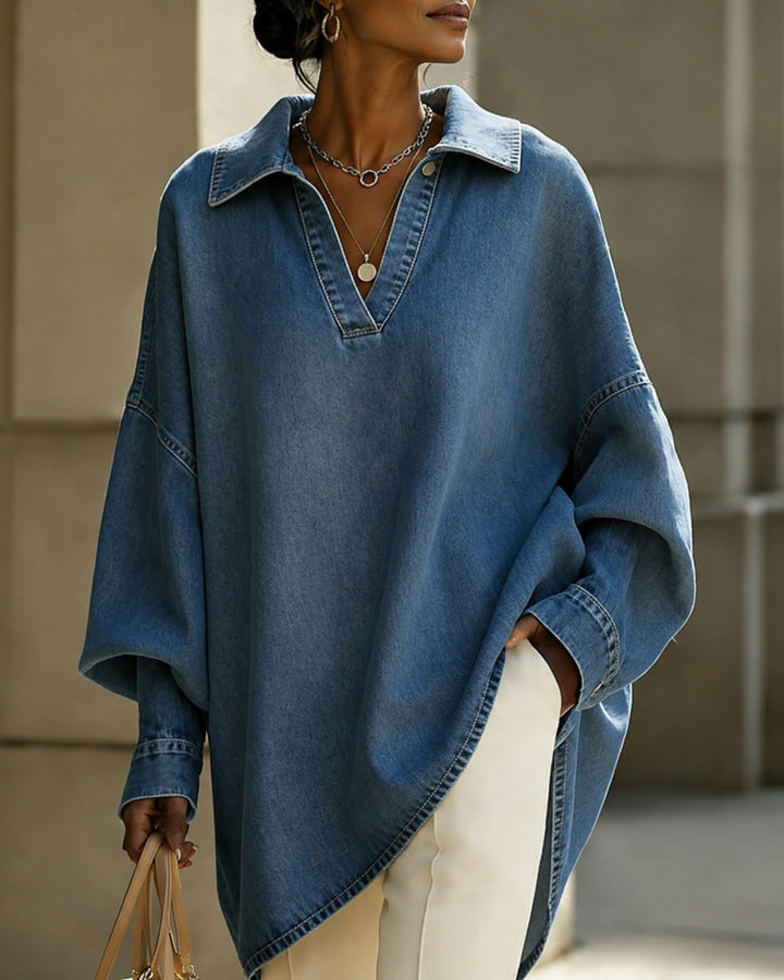 Denim Solid Color Buttoned Loose Long Sleeves V-Neck Blouses&Shirts Tops