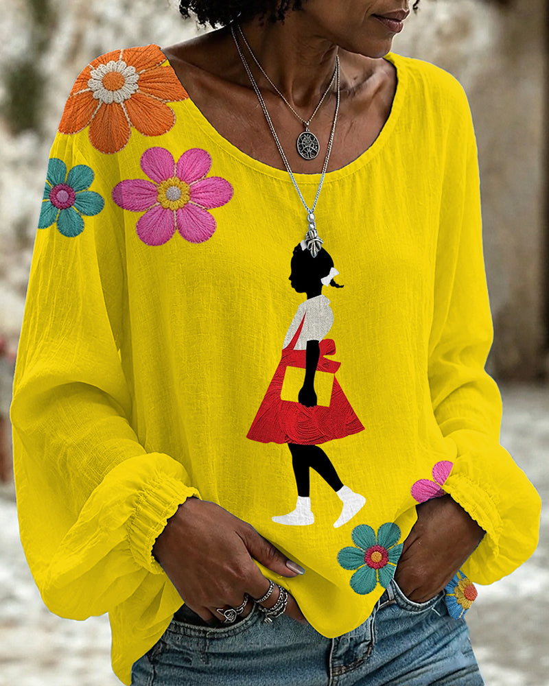 Ruby Bridges Flower Print Round Neck Puff Sleeves Blouse