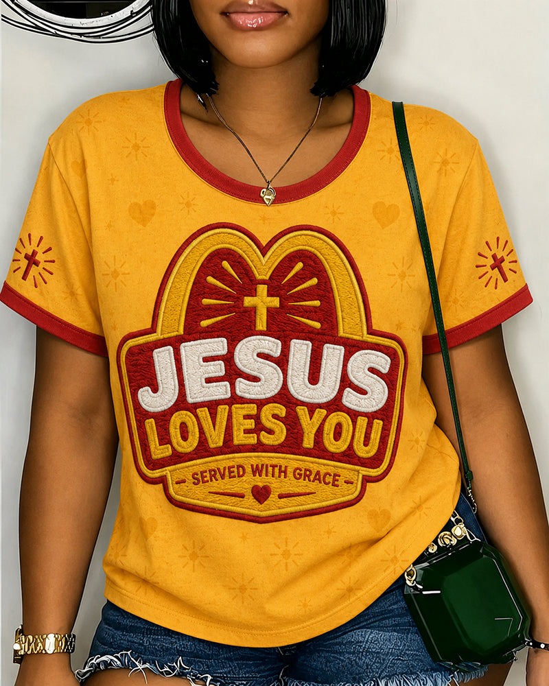 Women's Funny Jesus Love You Print Crew Neck Short Sleeve Tshirt