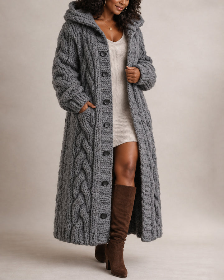 Women's Chunky Cable Knit Oversized Long Sleeve Button Down Hooded Cardigan