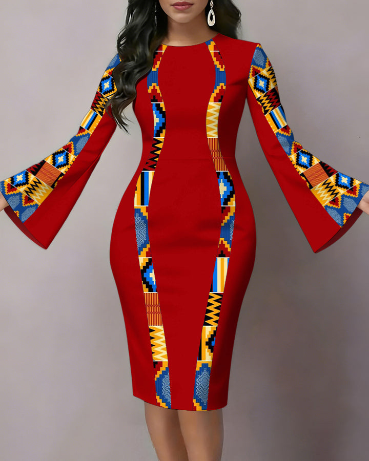 African Totem Print Patchwork Flared Sleeves Mini Dresses