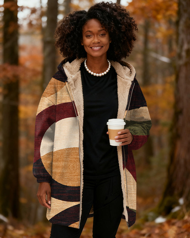 Color-blocked Wavy Stripes Long Sleeve Zip-Up Fleece Long Coat