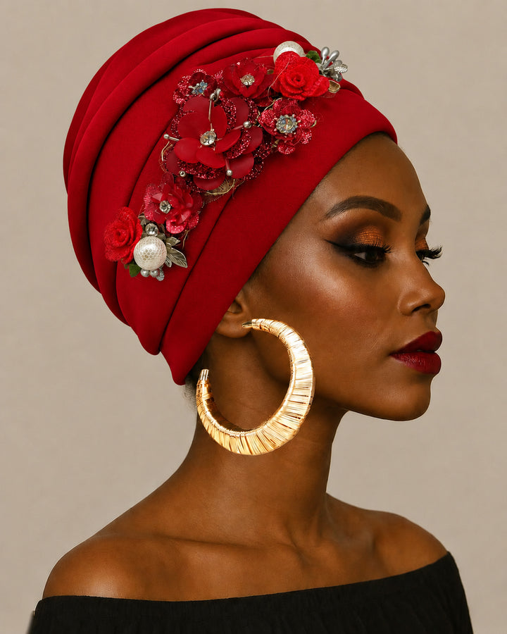 Hand‑made Pearl Hot‑fix Rhinestone Floral Turban Hat