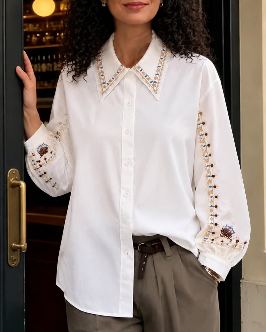 Bohemian Embroidered Collared Long Sleeve Shirt