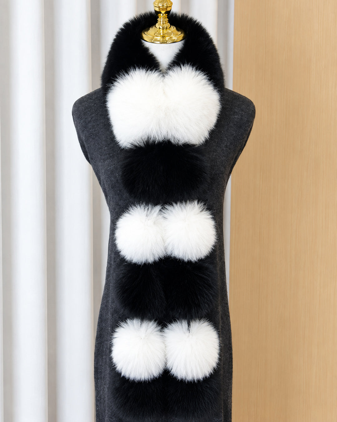 Women's Color Block Faux Fur Scarf with Pom Poms