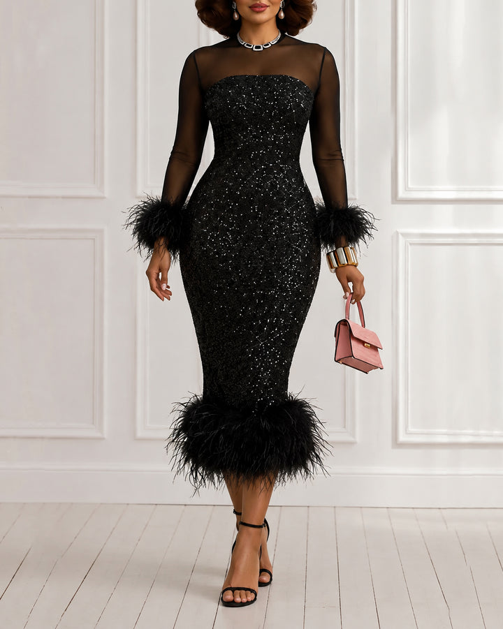 Sequin Mesh Long Sleeve Feather Trim Bodycon Dress Midi Dress