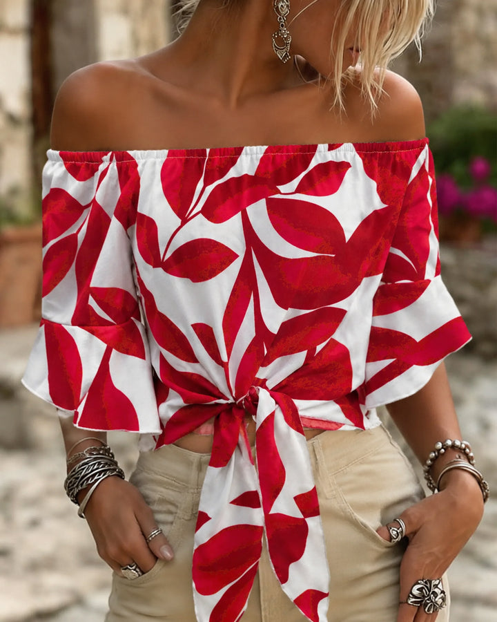 Women's Summer Vacation Hawaiian Style Print Off Shoulder Sleeveless Blouse
