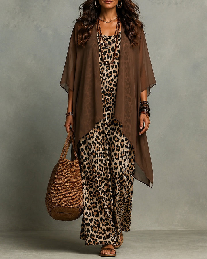 Boho Leopard Print Maxi Dress With Chiffon Kimono 2‑Piece Outfit