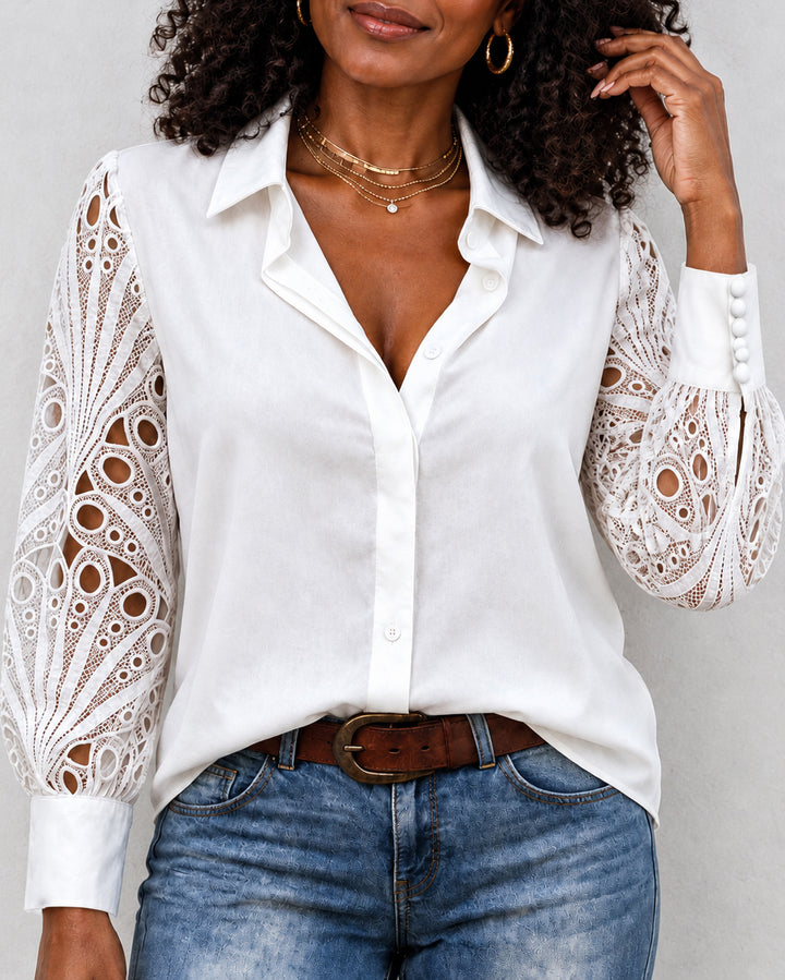 Women's Lace Panel Sleeve Collared Casual Blouse Shirt