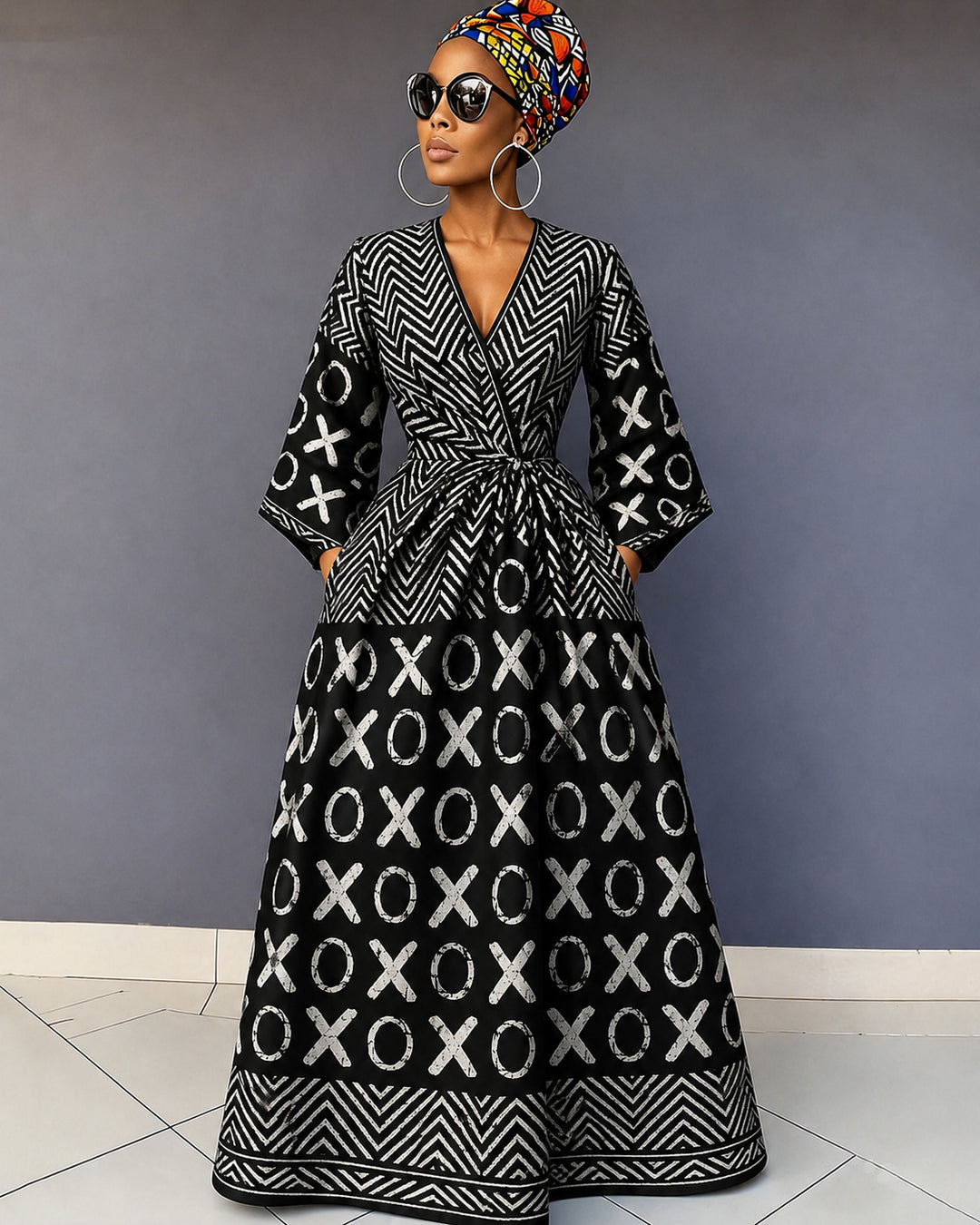 Black Culture Geometric Patchwork V Neck Long Sleeve Maxi Dress